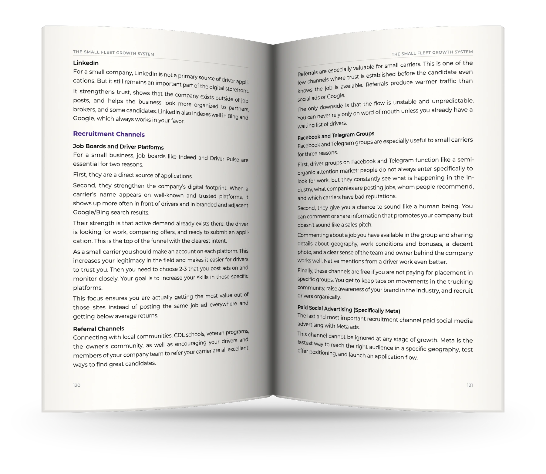 A spread from The Small Fleet Growth System: the recruitment channels, from job boards and referrals to driver groups and paid social